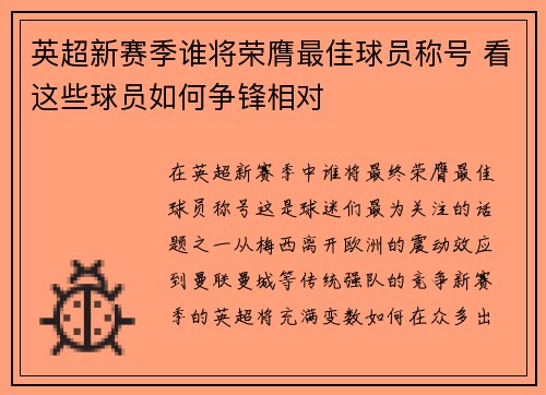 英超新赛季谁将荣膺最佳球员称号 看这些球员如何争锋相对