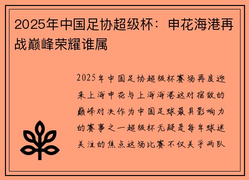 2025年中国足协超级杯：申花海港再战巅峰荣耀谁属